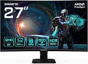 Gigabyte GS27QCA 27" QHD Monitor Gaming Curvo – 2560 x 1440, 180Hz, 1ms, 250 cd/m², FreeSync, HDR Ready, HDMI 2.0, DisplayPort 1.4