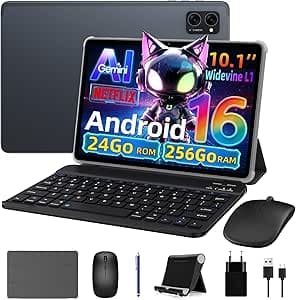 T20 Tablet Android 16 con Tastiera, 24GB RAM + 256GB ROM Espandibile 2TB, Tablet 10 Pollici Widevine L1, Octa-Core, WiFi, Face ID, Bluetooth 5.0, 5000mAh, 8MP+5MP, Jack 3.5mm, 4 Anni Garanzia