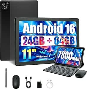 Tablet 11 Pollici Android 16 Tablet PC da 24 GB RAM 64 GB ROM 1 TB TF Espandibile IPS 1280x800 Batteria 7800 mAh Wi-Fi 6 BT 5.4 Custodia Tastiera Mouse Penna Cuffie (Nero)