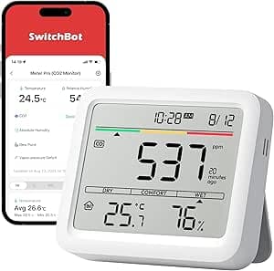 SwitchBot rilevatore di CO2, termometro ambiente interno con sensore CO2, ampio display, tester di qualità dell'aria Bluetooth, igrometro umidità casa